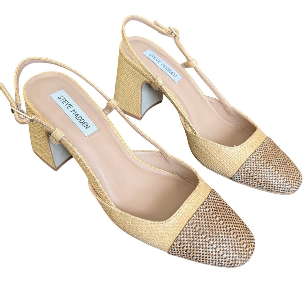 Steve Madden BECKA‎ Natural Raffia Woven Slingback Block Heel Pumps Mens 9M